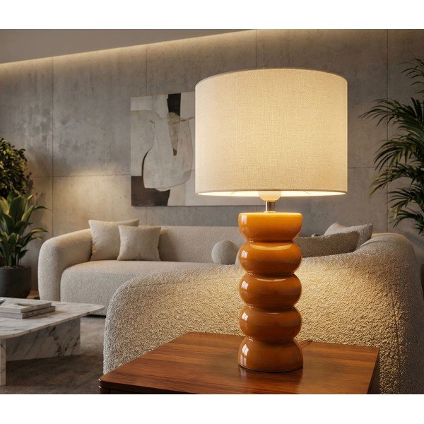 Lampada da tavolo color senape/bianca in ceramica con paralume in tessuto (altezza totale 46 cm) Torr – Mauro Ferretti-image-1