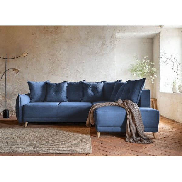 Divano letto angolare in velluto a coste blu scuro (angolo destro) Lazy Lukka - Miuform-image-1