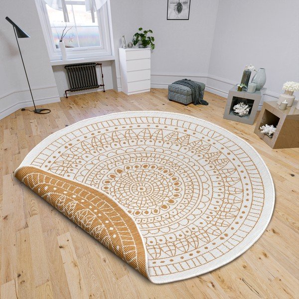 Tappeto rotondo per esterni giallo ocra-bianco ø 140 cm Porto - NORTHRUGS-image-1