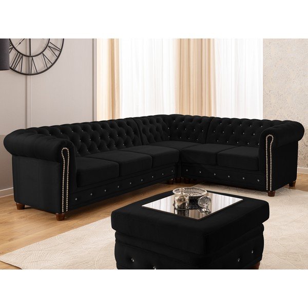 Divano angolare nero allungabile (con penisola a destra/a L) con rivestimento in velluto York Blik – Ropez-image-1