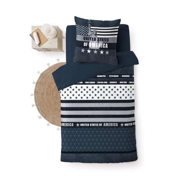 Set copripiumino e federa blu scuro in cotone per letto singolo 140x200 cm States – douceur d'intérieur