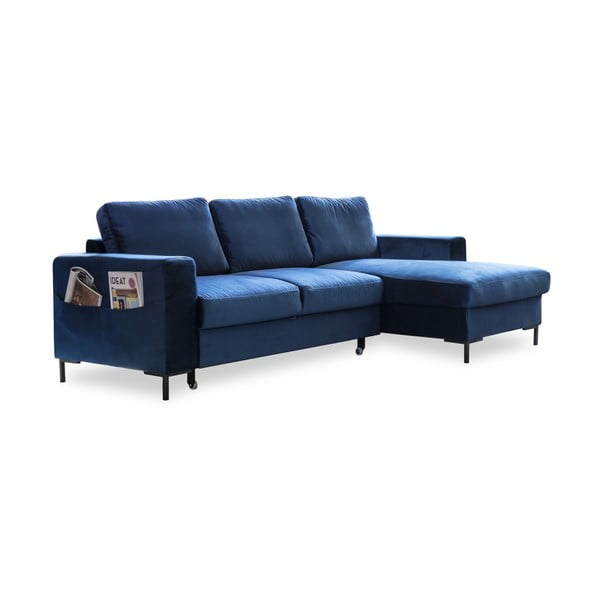 Divano letto angolare in velluto blu navy, angolo destro Lofty Lilly - Miuform