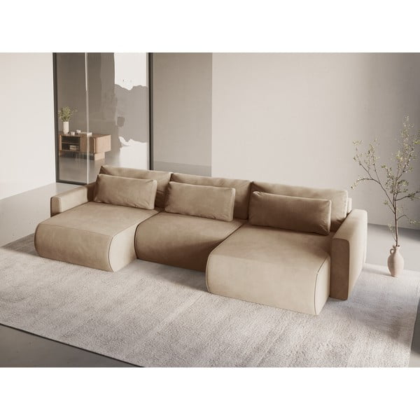 Divano angolare marrone chiaro allungabile con contenitore (a U) e rivestimento in velluto Belfast – Cosmopolitan Design-image-1