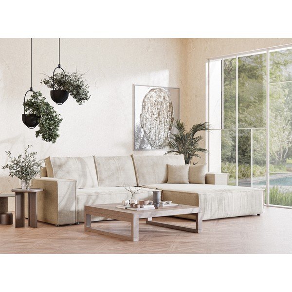 Divano angolare color crema allungabile/con contenitore (con penisola a destra/con chaise lounge) con rivestimento in ciniglia Maze – Maison de Rêve-image-1