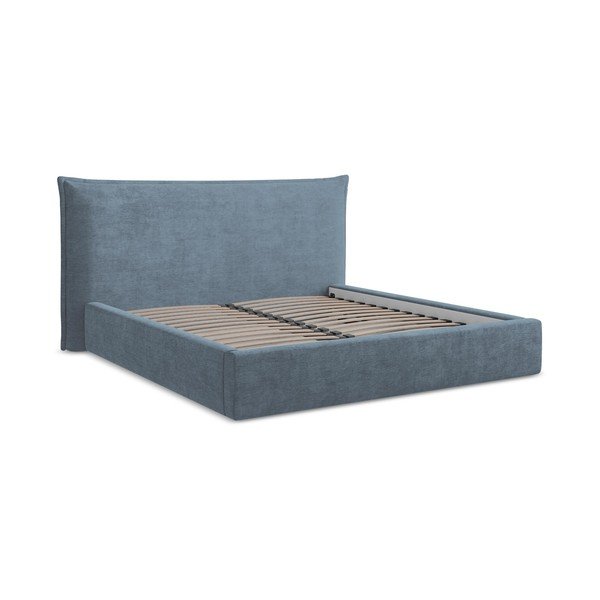 Letto matrimoniale imbottito blu con contenitore con rete inclusa 140x200 cm Esala – Makamii-image-2