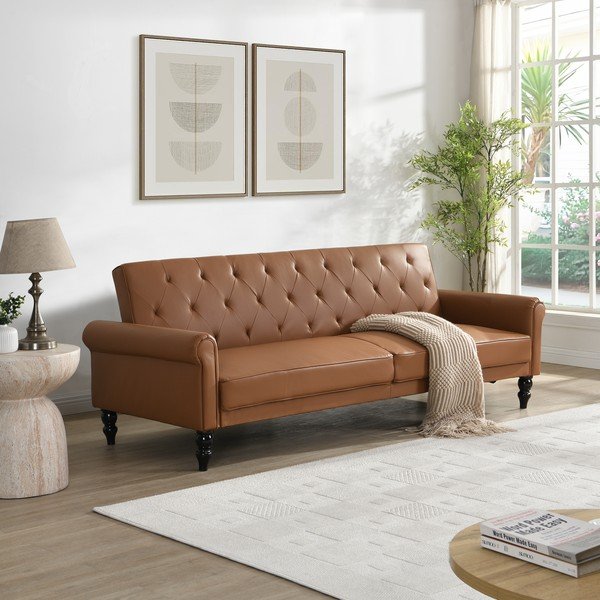 Divano marrone cognac reclinabile/allungabile con rivestimento in finta pelle 222 cm Tyne – Støraa-image-1