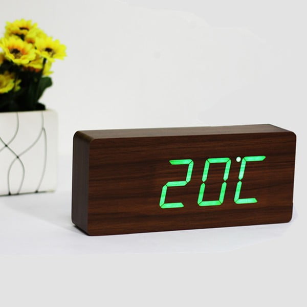 Sveglia marrone scuro con display a LED verde Slab Click Clock - Gingko-image-1