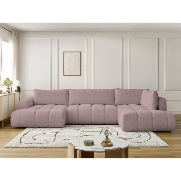 Divano angolare rosa allungabile e con contenitore (penisola a destra/a U) con rivestimento in ciniglia Fuji – Bobochic Paris-image-1