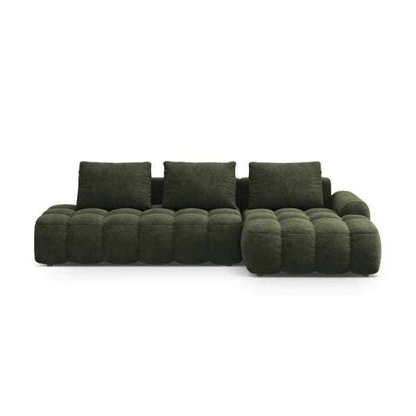 Divano angolare verde allungabile/con contenitore (con penisola a destra/con chaise lounge) con rivestimento in velluto Linz – Cosmopolitan Design