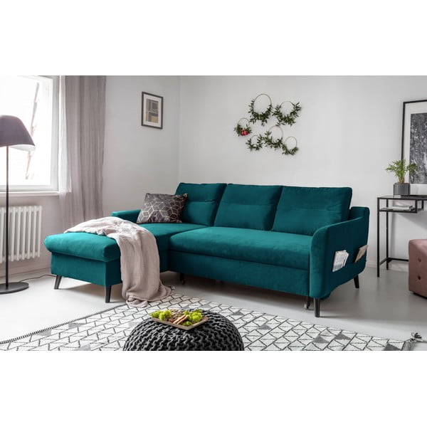 Divano letto angolare in velluto turchese, angolo sinistro Stylish Stan - Miuform-image-3