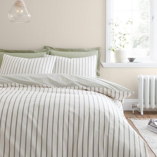 Set copripiumino e federa verde e color crema in cotone per letto singolo 135x200 cm Hampton Stripe – Bianca-image-1