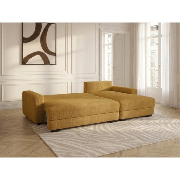 Divano angolare giallo allungabile/con contenitore (con penisola a destra/con chaise lounge) con rivestimento in velluto a coste Campi – Bobochic Paris-image-3