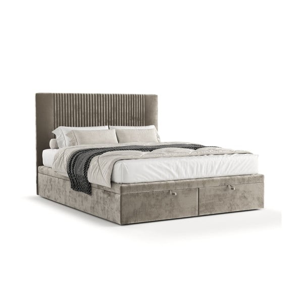 Letto matrimoniale beige imbottito con spazio contenitivo 180x200 cm Mavel – Maison de Rêve