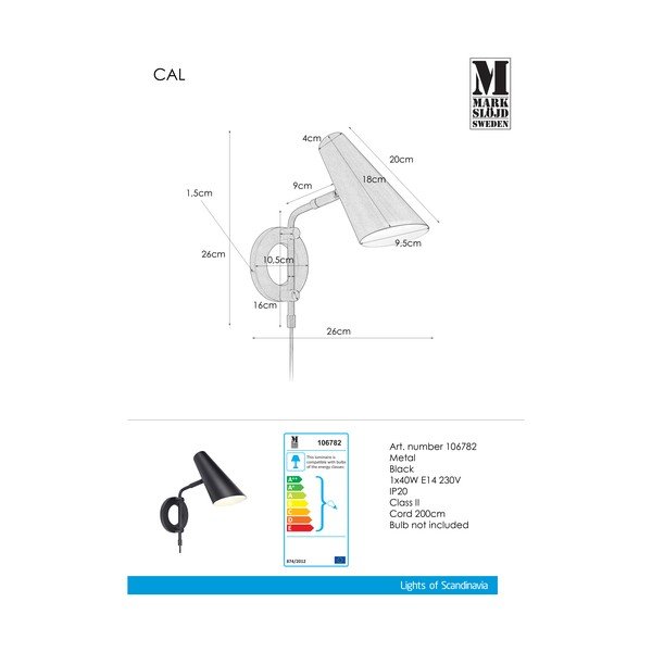 Lampada da parete nera con alimentazione a corrente ø 9,5 cm Cal – Markslöjd-image-2
