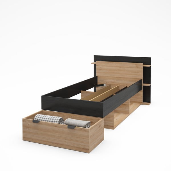 Letto singolo effetto rovere con contenitore senza griglia in colore nero-naturale 90x200 cm Albo - Marckeric-image-4
