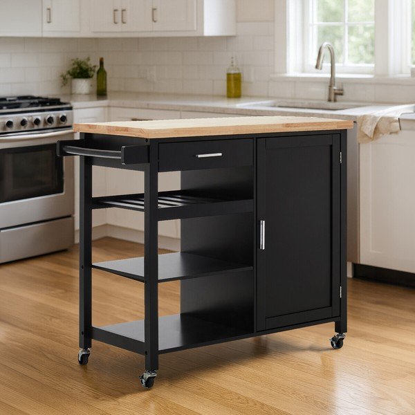 Tavolino da servizio in legno di cauciù massiccio su ruote 48x105 cm Frankfurt – Premier Housewares-image-1