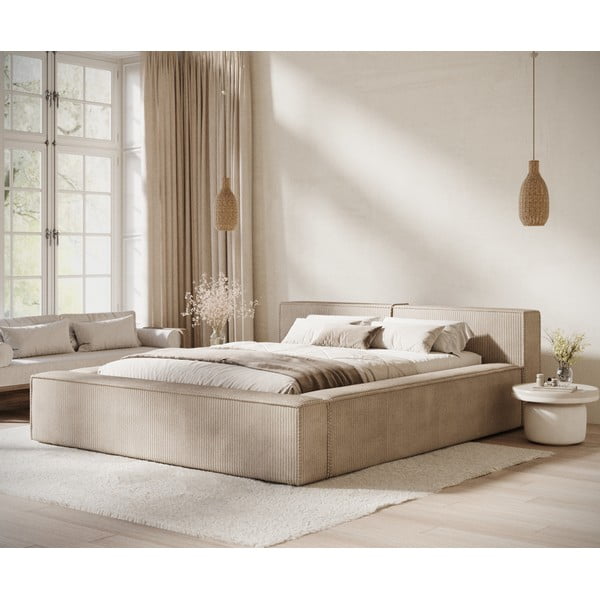 Letto matrimoniale imbottito beige con contenitore e rete inclusi 180x200 cm Voliera – Maison de Rêve-image-1