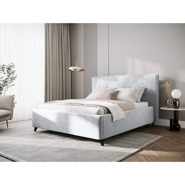 Letto matrimoniale imbottito grigio con contenitore e griglia 140x200 cm Malou - Milo Casa-image-1