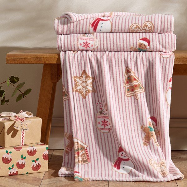 Coperta rossa/di colore naturale a tema natalizio 170x130 cm Christmas Gingerbread Stripe – Catherine Lansfield-image-2