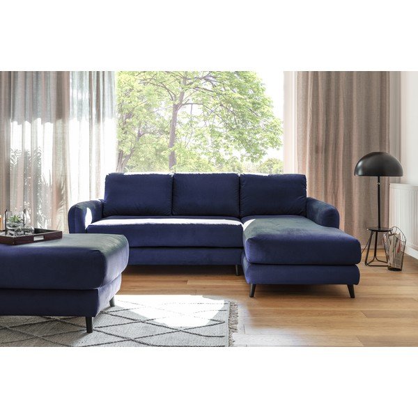 Divano angolare in velluto blu navy con poggiapiedi, angolo destro Cosy Claire - Miuform-image-2