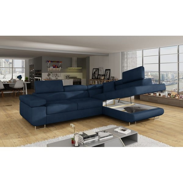 Divano angolare blu allungabile/con contenitore (con penisola a destra/a L) e rivestimento in velluto Anton – ELTAP-image-4