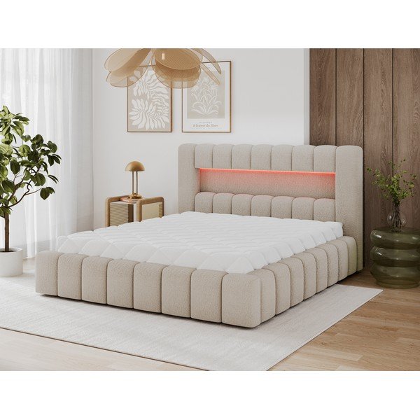 Letto matrimoniale imbottito beige con contenitore con rete inclusa 140x200 cm Lamica – ELTAP-image-2