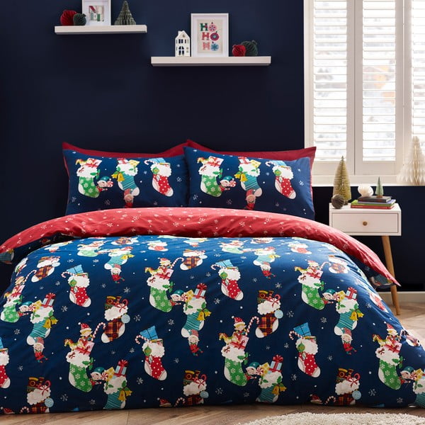 Set copripiumino e federa da bambini rosso e blu per letto matrimoniale 200x200 cm Christmas Elves – Catherine Lansfield-image-1