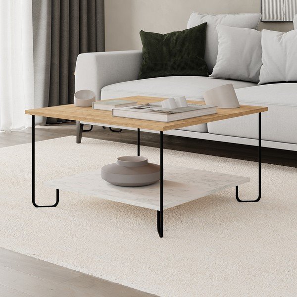 Tavolino con piano in rovere decorato in bianco e naturale 80x80 cm Tonka - Marckeric-image-3