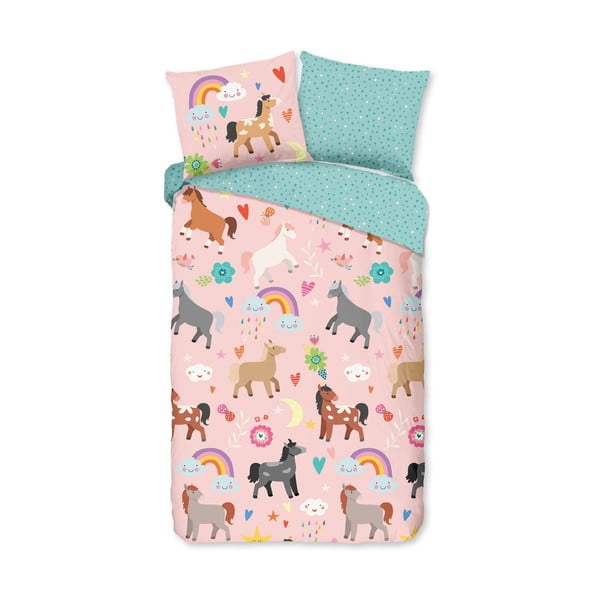 Set copripiumino e federa da bambini rosa/turchese in cotone per letto singolo ed esteso 140x220 cm Horses – Good Morning