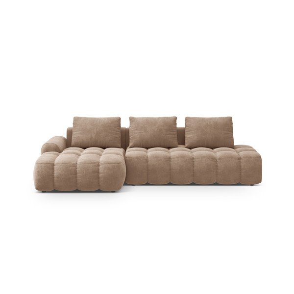 Divano angolare marrone chiaro allungabile/con contenitore (con penisola a sinistra/con chaise lounge) con rivestimento in velluto Linz – Cosmopolitan Design