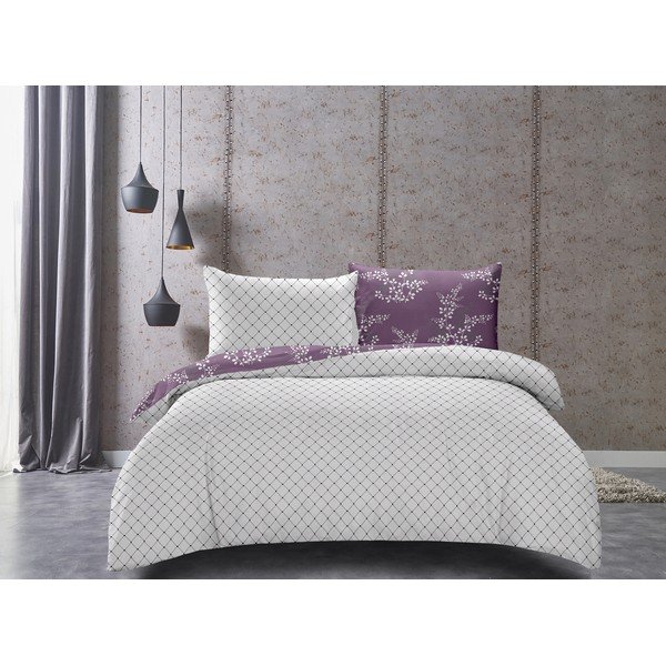 Lenzuolo singolo in microfibra reversibile viola e bianco Hypnosis Calluna, 220 x 155 cm - DecoKing-image-1