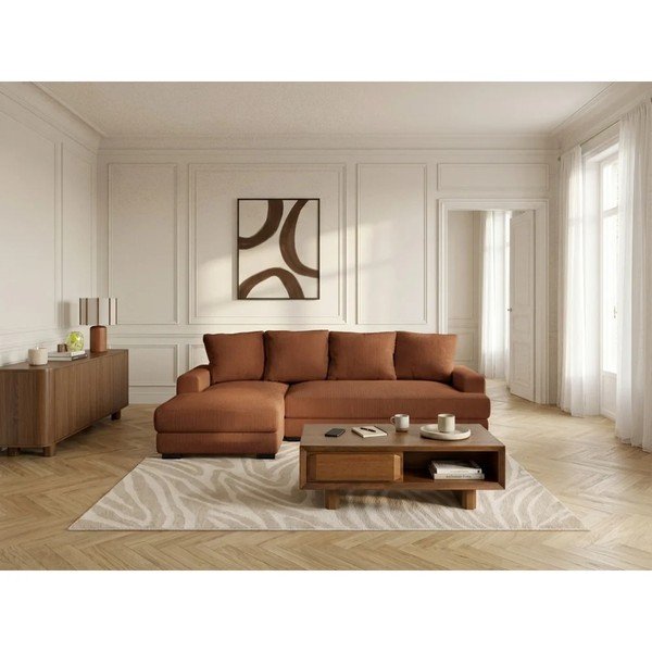 Divano angolare arancione allungabile/con contenitore (con penisola a sinistra/con chaise lounge) con rivestimento in velluto a coste Campi – Bobochic Paris-image-1