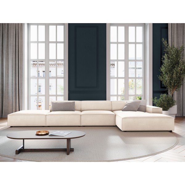 Divano angolare componibile color crema (con penisola a destra/con chaise lounge) con rivestimento in velluto Jodie – Micadoni -image-1