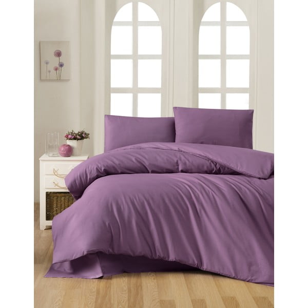 Set matrimoniale viola in cotone con lenzuolo copriletto e federe 200x220 cm - Mijolnir