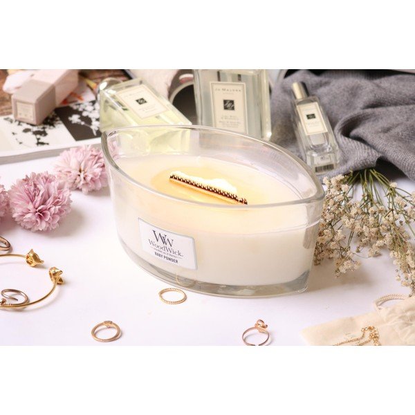 Candela al profumo di vaniglia, miele e rosa Polvere di bambino, autonomia 30 ore - WoodWick-image-1