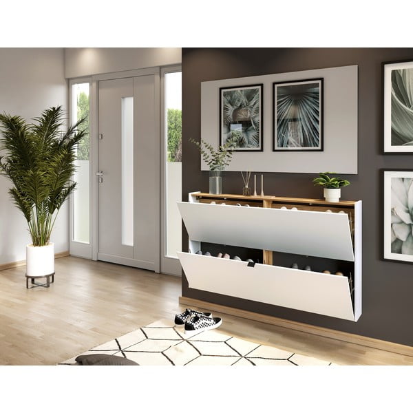 Scarpiera bianca effetto rovere con ante ribaltabili e da parete 140x83x18 cm Ameca – Germania-image-1