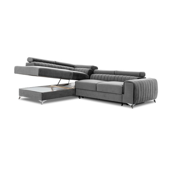 Divano angolare grigio allungabile/con contenitore (con penisola a sinistra/a L) e rivestimento in velluto Laurence – ELTAP-image-2