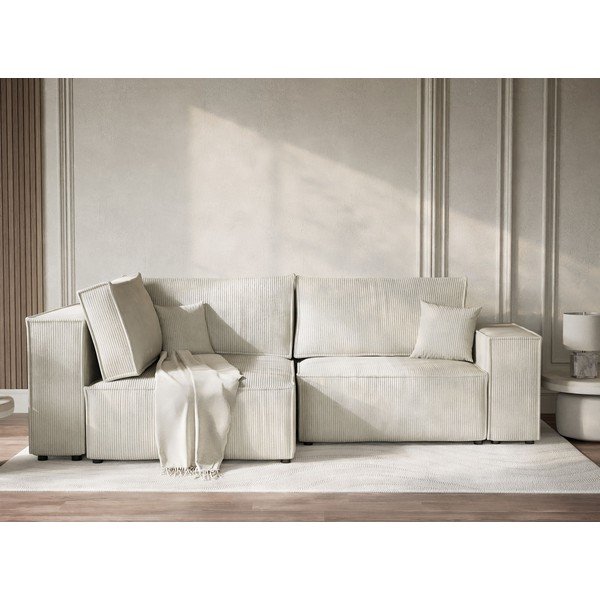 Divano angolare color crema allungabile/con contenitore (con penisola a sinistra/a L) con rivestimento in velluto a coste Tonga – Maison de Rêve-image-1