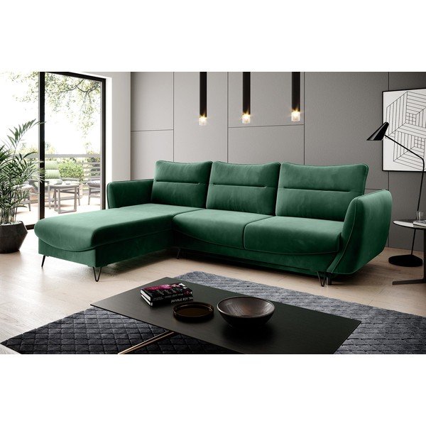Divano angolare verde allungabile/con contenitore (con penisola a sinistra/con chaise lounge) e rivestimento in velluto Silva – ELTAP-image-1