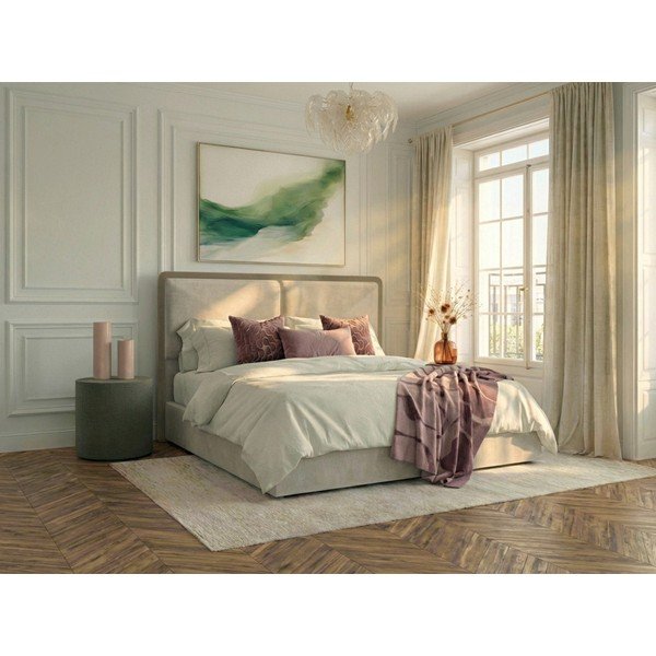 Letto matrimoniale beige/grigio tortora imbottito con contenitore con rete inclusa 180x200 cm Mara – Bobochic Paris-image-1