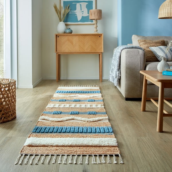 Passatoia blu/di colore naturale in misto iuta tessuta a mano 60x230 cm Medina Jute – Flair Rugs-image-1