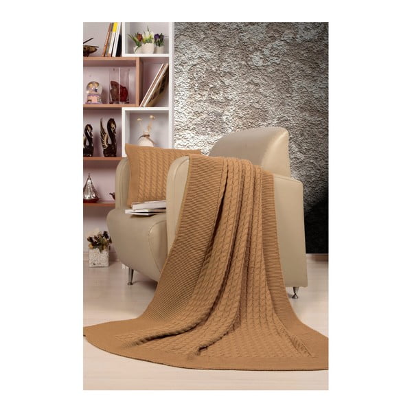 Set copriletto e cuscini marrone cognac Set di coperte Tricot Sultan - Kate Louise