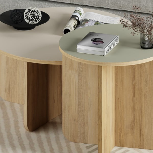Set di tavolini da salotto rotondi crema/di colore naturale con effetto rovere 2 pz ø 70 cm Hillary – Marckeric-image-3