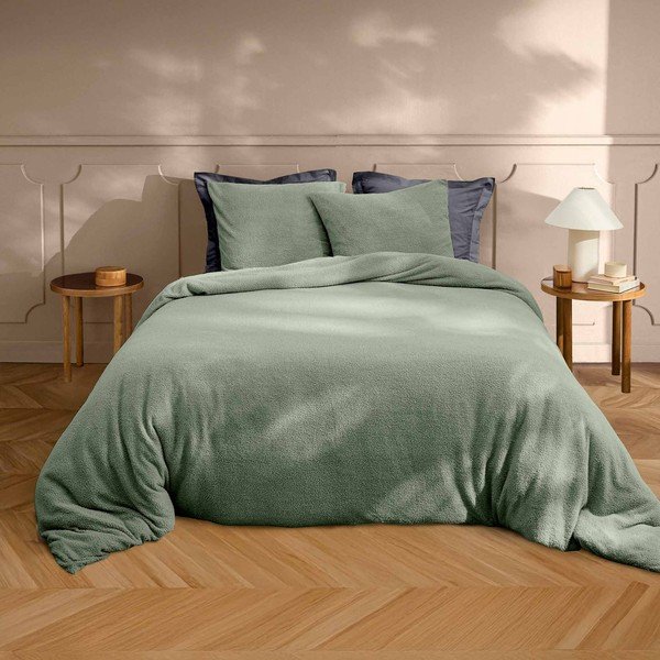 Set copripiumino e federa verde in micropile per letto matrimoniale ed esteso 240x220 cm Helena – douceur d'intérieur-image-1