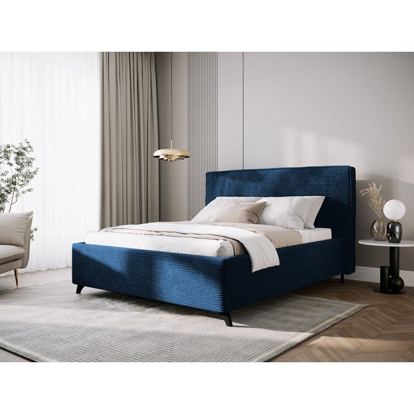 Letto matrimoniale imbottito blu scuro con contenitore e griglia 160x200 cm Malou - Milo Casa-image-1