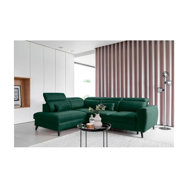 Divano angolare verde allungabile/con contenitore (con penisola a destra/a L) e rivestimento in velluto Noble – ELTAP-image-1