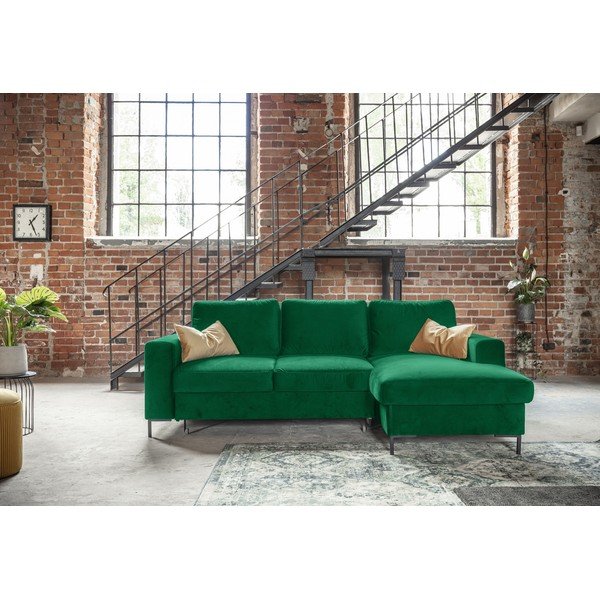 Divano letto angolare in velluto verde, angolo destro Lofty Lilly - Miuform-image-1
