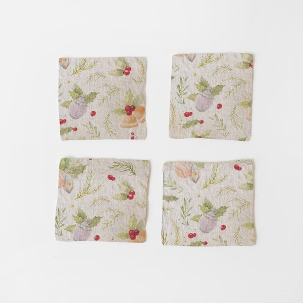 Set di 4 sottobicchieri natalizi in lino Jingle Bells, 10 x 10 cm Christmas Print Natural - Linen Tales