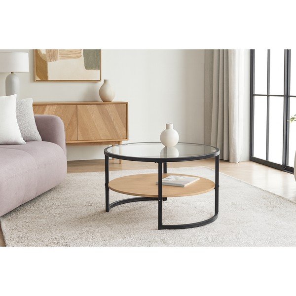 Tavolino da salotto rotondo nero/di colore naturale con effetto rovere ø 68 cm Zanu – Bonami Essentials-image-4