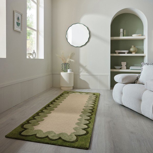 Passatoia verde/di colore naturale in lana tessuta a mano 80x230 cm Wiggle Wool – Flair Rugs-image-1